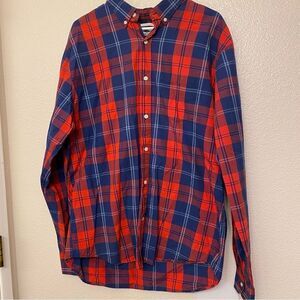 Old Navy red white Blue Striped Plaid Button Up Shirt long sleeve slim fit XL
